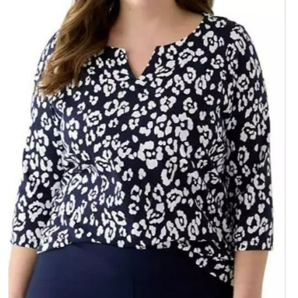 Kim Rogers Women's Plus Size Split Neck Printed Top Size 1X, Navy